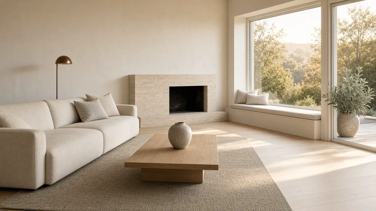 Living room with a cream sofa, an olive armchair, a walnut coffee table, and a copper accent wall.