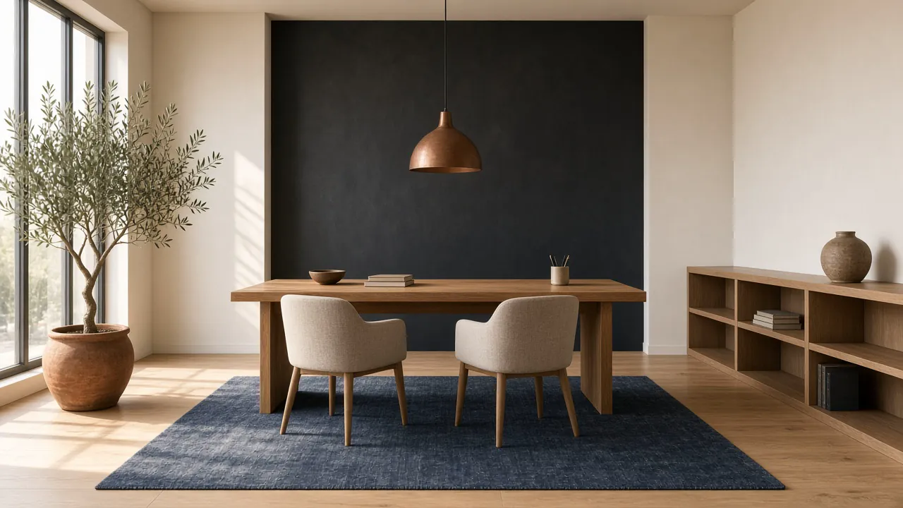 Office with a walnut desk, a cream sofa, an olive armchair, and a copper accent wall.